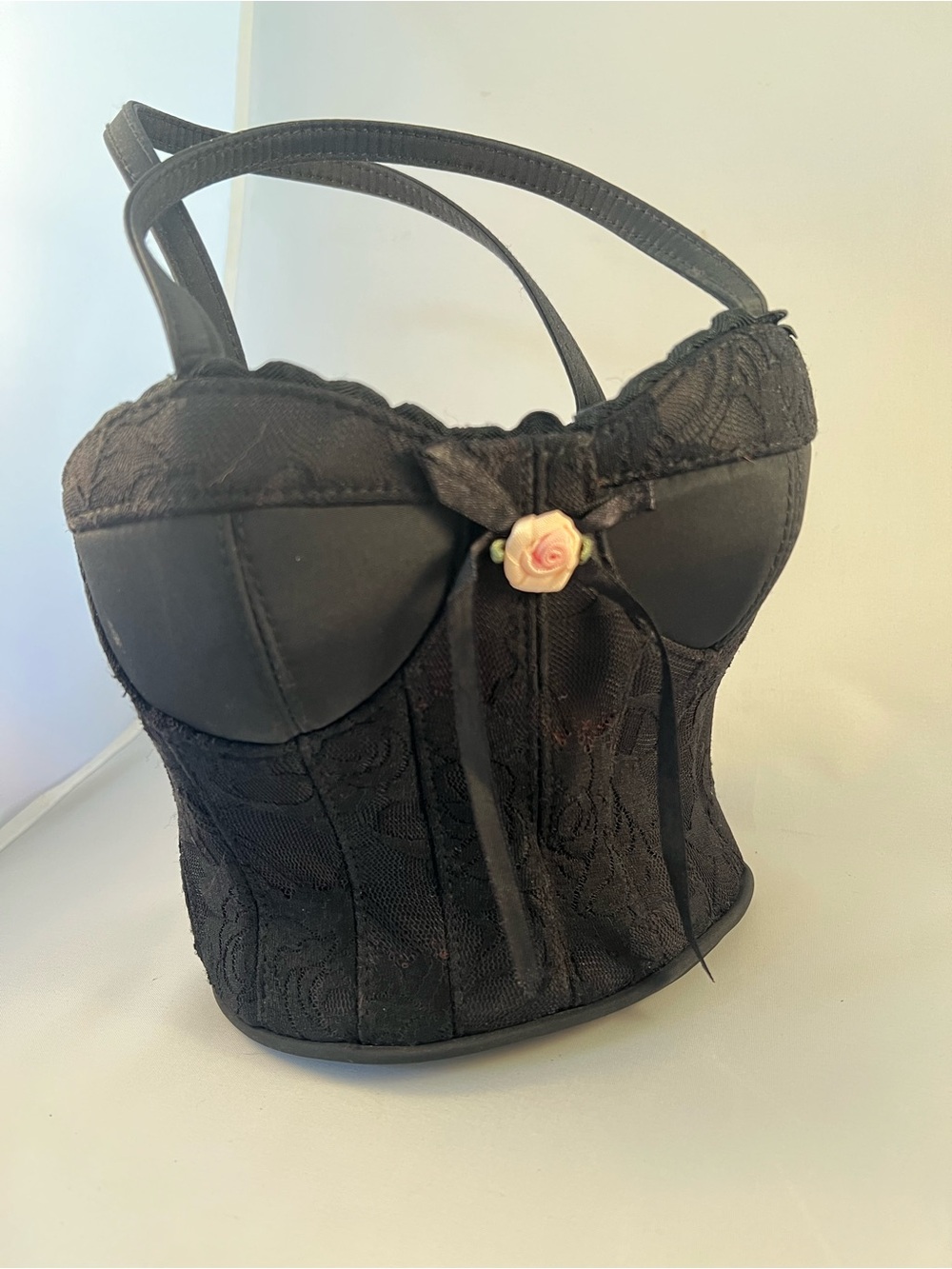 Black Lace Bustier Mini Bag with Pink Rose Accent